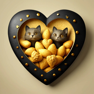 valentines day black and gold colored heart-shaped card with potatoes and cats