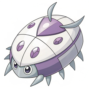 Cartoony illustration of Jetterpill, a bug/rock type fakemon. Mixture of smooth and sharp lines, geometric shapes fused with organic forms. Main colors are soft white and purple. Has irregular body shape with jagged edges, minimalistic design style.