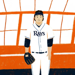 Ji-Man Choi, Asian baseball player, standing in locker room. White jersey with 'Rays' logo. Serious expression. Black headband, baseball glove in hand. Brightly lit indoor setting, no audience.