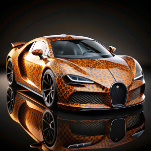 Bugatti Chiron Super Sport sports car in animal skin coloring, on a dark background, close-up, 3D format, pixar style