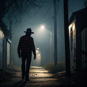 Silhouette of Freddy Krueger in a dark, foggy alleyway.