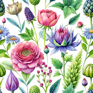 watercolor image , wrapping paper,artichokes  ,pink centaurea ,nigella ,mentha ,, hydrangea , wild lupine ,compass plant ,dogwoodevening primrose ,nodding onion , cosmos,scilla,hosta ,achillea,carly dock ,bee balm , physalis , watercolor,  background