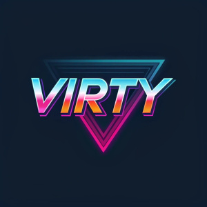 A dynamic logo design for 'Virty', combining sleek and vibrant elements. The text 'Virty' rendered in a blend of sharp and rounded forms, highlighted with vivid hues and bold strokes.