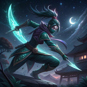 Digital artwork showcasing Akali from League of Legends in dynamic poses. Detailed character design against a dark, starry night background.