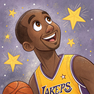 Kobe Bryant in a whimsical cartoon illustration. Wearing a basketball jersey, playful expression