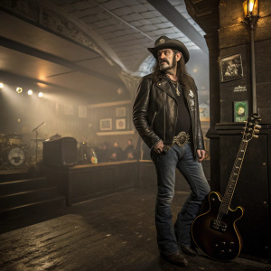 Lemmy Kilmister, with his iconic mustache and long hair, standing in a dimly lit underground club. Punk rock vibe