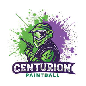 A vibrant logo for Centurion Paintball. Green and purple palette, energetic and modern design. Paint splatter artwork. Company name 'Centurion Paintball' in bold letters at the bottom.