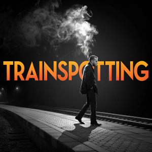 High-definition poster for 'Trainspotting'. Black background, sharp, vibrant text in bold, modern font.
