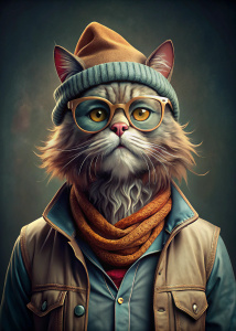 ironic hippster cat, beard, looking like a hobo