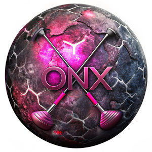 Piedra onix acompañada de dos palos de golf en tono rosado y con el nombre ONIX
