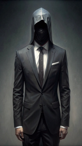hombre humano rostro tapado con traje esbelto de negro 