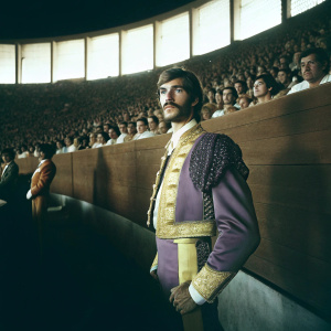 David de Gea, Spanish soccer player, intense expression, full beard and mustache, soccer uniform, purple and yellow colors. Crowded stadium, live match