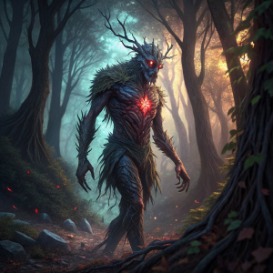 Xal Nur, a mysterious creature from the world of Fantasy Rivals. It stands in a dark, enchanted forest. Its body shimmers with a spectrum of colors, a glowing red core pulsating within. The ground is littered with fallen leaves and twisted roots.