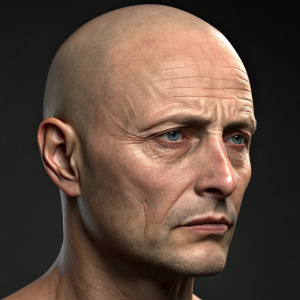 Digital rendering of Mads Mikkelsen's face. Bald head. Detailed close-up showcasing wrinkles, facial structure, and skin tone. Dark background
