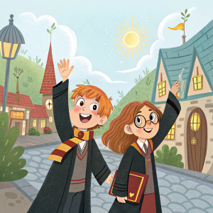 Ron Weasley and Hermione Granger, in wizard robes, waving and smiling in a vivid cartoon setting, against a sunny, magical village backdrop.