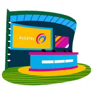 Modern exhibit at tech conference. Alcatel booth with sleek curved display screen and prominent logo. Stagelike lighting highlighting corporate branding.