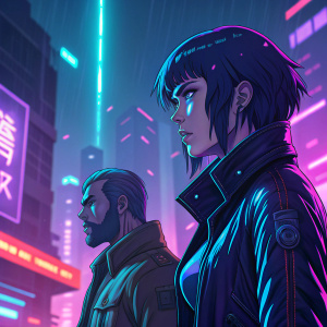 Digital illustration of Ghost in the Shell characters, reimagined in modern art style. Neon cityscape background.
