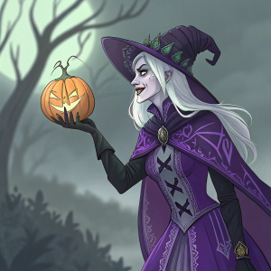 Moira, the banshee from Overwatch, in a spooky Halloween costume. Pale skin, long white hair, and a detailed purple outfit with patterns. Holding a glowing orb. The background is blurred, featuring dark gray and green tones.