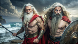 imagen completa Diomedes y Odiseo dos héroes se infiltran en el campamento troyano para causar estragos, Foto realista,RealVisXl, cuerpo completo, pelo largo ondulado blanco, gran barba, ojos azules, sin camisa, su escudo y espada sosteniendo en la mano, con capa roja, Hiperrealista,4k , fondo tormentoso.