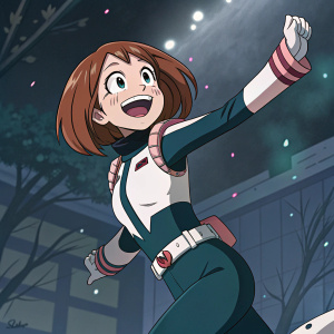 Ochaco Uraraka from My Hero Academia, dynamic pose, smiling brightly, dark and mysterious background with anime style