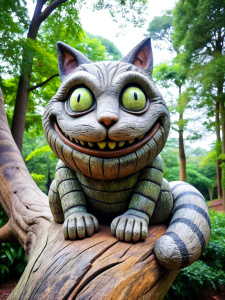 A statue of Cheshire cat sitting on a tree branch, smiling