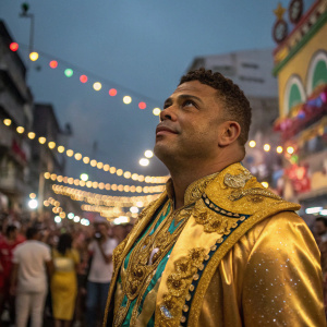 Ronaldo Nazario at a bustling carnival. Wearing a vibrant, golden costume adorned with intricate details. Crowded street background.