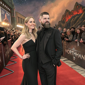 Alexandra Shaker and Robert Eggers at the 'The Northman' premiere. Both are wearing black outfits. Bright red carpet. Crowds cheering in the background.