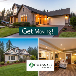 Crossmark Financial offers mortgage solutions. Real estate images showcasing home exteriors and cozy interiors. Tagline: 'Get Moving!'
