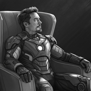 Detailed sketch of Tony Stark. Sitting on a high-tech chair, wearing full Iron Man suit. Dark background