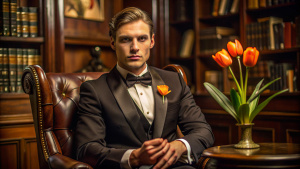 Facing the camera, The Godfather as a Max Verstappen lookalike, sitting in his study wearing a black dinner suit, black bowtie, an ultra-extremely small orange tulip floral corsage in his lapel.