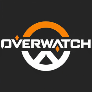 The logo for Overwatch, featuring bold modern design. Stylized font with an orange wave-like symbol at the top. Black and white color scheme with striking orange accents.