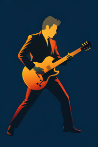 Create a simple and elegant image of Elvis Presley's silhouette and guitar. Design using a minimalist approach with clean lines and using only black color