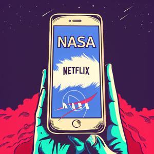 Instagram screenshot featuring a Netflix promotion ad. Ad showcases NASA logo and promotional text. Dark starry background with white and red accents. Displayed on a smartphone screen