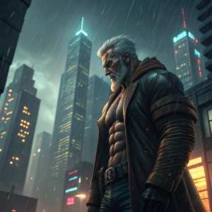 Old Man Logan, a grizzled character from the Wolverine comics, standing amidst a futuristic, metallic cityscape. His muscular build and determined expression are highlighted against the dark, rainy backdrop.