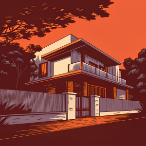 Digital 3D rendering of Sai Deva Villas, a modern residential house in Chennai, India. Architectural style combines stone, wood, and contemporary elements. Clean, modern facade with brown wooden overhang on upper level. Surrounded by lush greenery and fence in a suburban setting, against clear blue sky.