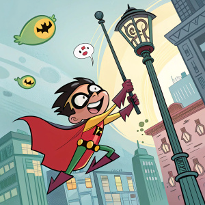 Illustration of a Teen Titans GO! character in a vibrant cityscape. The character is Robin, with a playful smile, dressed in his iconic red cape and gloves. He's swinging from a lamppost, surrounded by cartoonish buildings and floating speech bubbles.