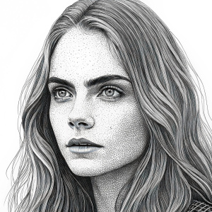 A detailed black and white engraving of Cara Delevingne. Her long wavy hair and expressive eyes are prominently featured. The image is textured with fine lines and dots, resembling an antique print.