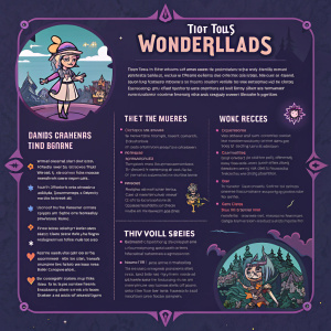 Cartoonish game guide for Tiny Tina's Wonderlands. Dark background with purple accents. Descriptive text on character classes and world locations. Detailed character illustrations. Structured layout.