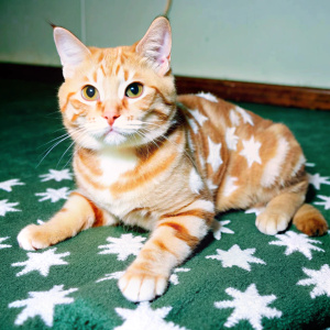 a orange cat wearing a light orange warm fluffy stars pattern baby cotton cloth, Christmas vibe, lying in a dark green carpet