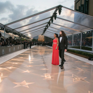 Serena McKinney and Ludwig Göransson at the Oscars. Serena wears an elegant red dress, while Ludwig is in a black tuxedo. The backdrop is a shimmering gold carpet with Hollywood Stars logos. They are surrounded by the audience at the Dolby Theatre.