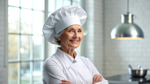 Caucasian middle aged women chef in a chef's hat with arms crossed wears apron standing in restaurant kitchen and smiling