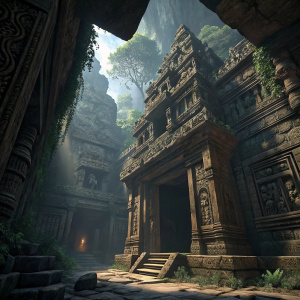 A 3D rendering from the game 'Shadow of the Tomb Raider'. The scene features an ancient, intricately carved temple with a labyrinthine structure. Dark, cave-like corridors and halls are filled with detailed stonework. The design and craftsmanship of the architecture are prominently displayed.