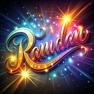 The word Ramadan is written in beautiful, bright letters