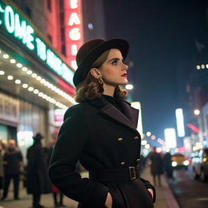 Emma Watson at an evening outdoor event. Wearing a stylish black coat and matching hat. A bustling city street with bright neon signs in the background.