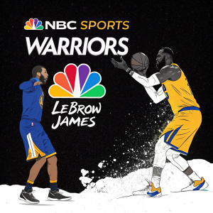 NBC Sports logo alongside Warriors vs LeBron Snowball Fight graphic. Black background with vibrant colors. Bold, modern font. Attention-grabbing sports theme.