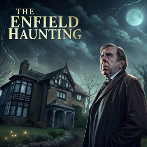 Movie poster for 'The Enfield Haunting'. Timothy Spall standing in front of a spooky, old Tudor house. Dark, stormy night background