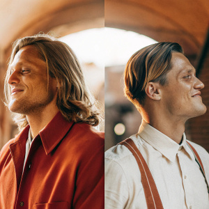 Woody Harrelson's dual appearance. Left side: long golden hair, right side: classic look. Warm backdrop.