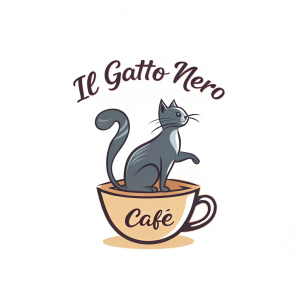 Digital illustration of a stylized logo for Il Gatto Nero Cafe. The logo features a sleek, modern gray cat graphic sitting on top of a coffee cup. The text reads 'Il Gatto Nero' in elegant script above the cat, with 'Cafe' in a more casual font below the graphic.