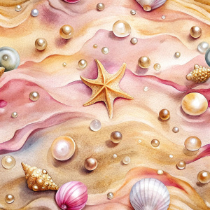 Pattern Seamless, Vector, Vintage Old Soft Colors, Shade Pink, Abstract Hand-Draw, Beach Shore, Sand with Water Drops, Starfish, Sea Shells, Golden Pearls. Realistic