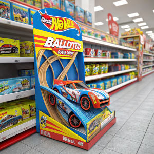 Hot Wheels Ballistik Racer toy on display. Brightly colored packaging with racing stripes and dynamic graphics. In a toy store aisle